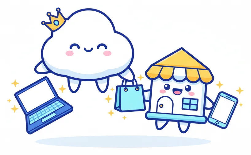 A smiling cloud mascot handing technology to a small business storefront