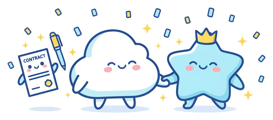 Cloud and star mascots shaking hands over a contract